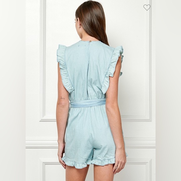 #083 Chambray Ruffle Neck waist belt romper - Picture 5 of 8